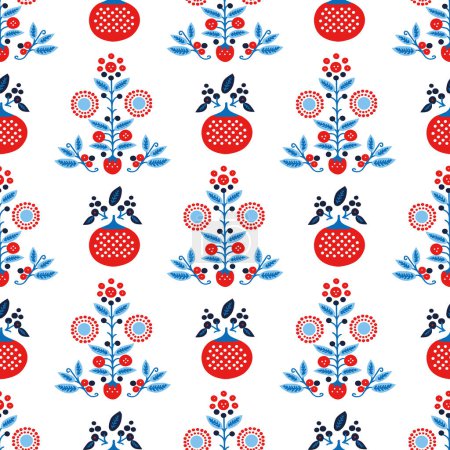 Illustration for Red and blue folkart quilt vector pattern. Seamless scandi all over fabric for whimsical patchwork background - Royalty Free Image