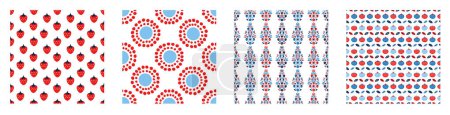 Illustration for Red and blue folkart quilt vector pattern set. Collection of seamless scandi all over fabric for whimsical patchwork background - Royalty Free Image