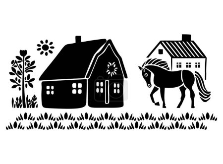 Téléchargez les illustrations : Mignon motif de grange rustique dans le style vintage homestead. Illustration vectorielle de maison de campagne rurale fantaisiste avec cheval - en licence libre de droit