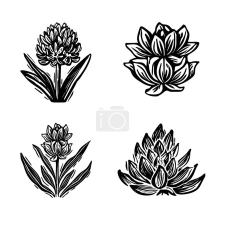 Téléchargez les illustrations : Linotype collection d'icônes florales dans l'art vectoriel fantaisiste. Design feuilleté décoratif pour ensemble botanique rustique - en licence libre de droit
