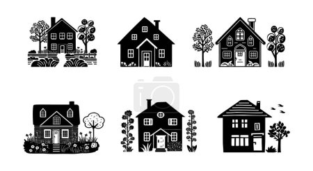 Photo for Set of rustic cottage motif in homestead vintage style. Vector illustration of whimsical rural country house - Royalty Free Image