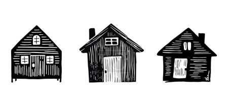 Group of whimsy beach houses for travel concept vector illustration. Tropical holiday object set of coastal huts print