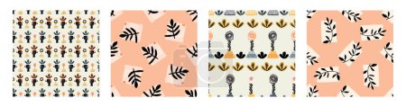 Photo for Set of midcentury modern floral vector endless vector pattern. Organic summer gender neutral 70s matisse wallpaper collection - Royalty Free Image