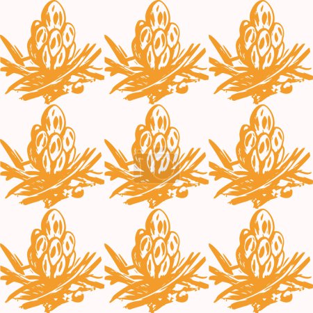 Illustration for Linocut rural floral folkart seamless vector pattern for block print nature design. Icon of hand drawn quirky plant sprig illustration in tiled background for scandi naive graphic swatch - Royalty Free Image