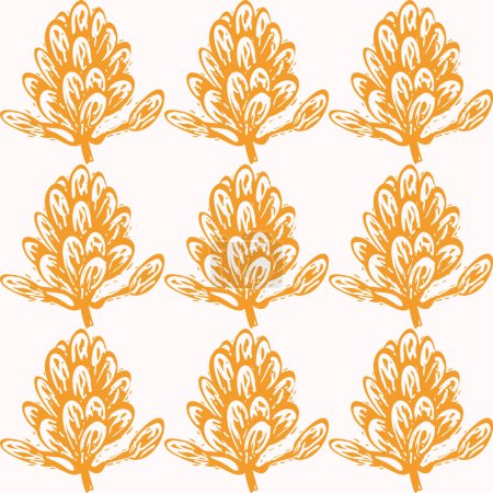 Illustration for Linocut rural floral folkart seamless vector pattern for block print nature design. Icon of hand drawn quirky plant sprig illustration in tiled background for scandi naive graphic swatch - Royalty Free Image