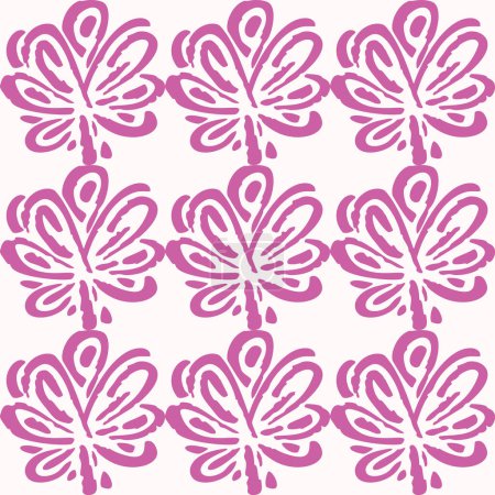 Illustration for Linocut rural purple floral folkart seamless vector pattern for block print nature design. Icon of hand drawn quirky plant sprig illustration in tiled background for scandi naive graphic swatch - Royalty Free Image
