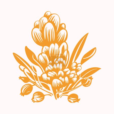 Illustration for Block print rustic floral folkart isolated vector motif for linocut natural design. Shabby chic icon of botanical element in bold scandi style - Royalty Free Image