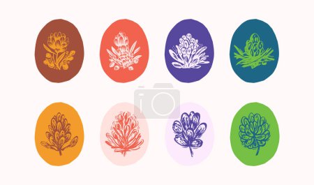 Illustration for Linocut plant sprig in colorful frame vector motif set. Folkart collection of rural rustic floral in shabby chic scandi style. Clipart collection for graphic quirky leaf illustration - Royalty Free Image