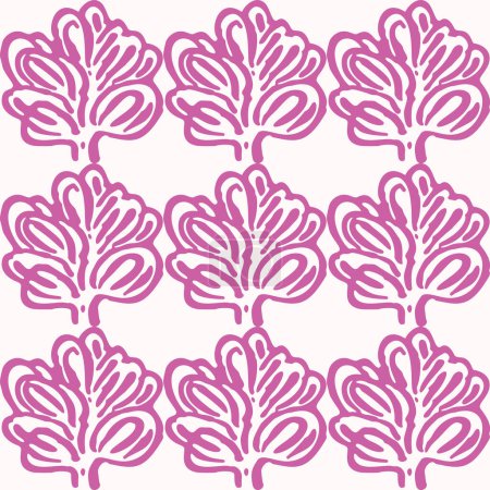 Illustration for Linocut rural purple floral folkart seamless vector pattern for block print nature design. Icon of hand drawn quirky plant sprig illustration in tiled background for scandi naive graphic swatch - Royalty Free Image