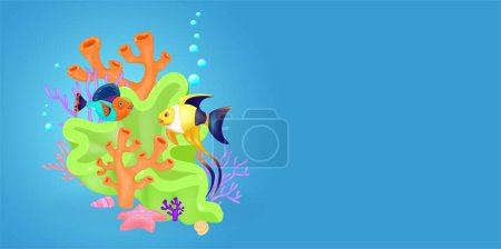 Ilustración de Arrecife de coral y pescado. 3d vector ilustración de dibujos animados. Objetos plásticos de arte. - Imagen libre de derechos