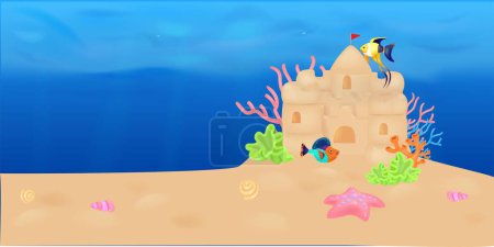 Téléchargez les illustrations : Un château de sable avec un drapeau sous l'eau. Créatures marines, coraux, petits poissons. Illustration vectorielle 3d. SPE 10, - en licence libre de droit