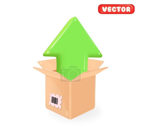 Téléchargez les illustrations : Boîte d'emballage ouverte et verte flèche vers le haut. Icône 3D vectorielle réaliste. - en licence libre de droit