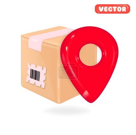 Illustration for Delivery service concept. Cartoon 3d illustration of Cardboard boxes around the geolocation symbol. Landing page on dark background. Plastic 3D style - Royalty Free Image
