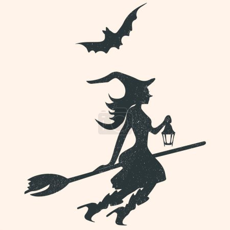 Illustration for Silhouette witch flying on broomstick. Halloween vector. - Royalty Free Image