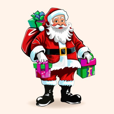 Illustration for Vector cartoon illustration of a cute traditional Santa Claus character with gifts in a sack and gift boxes. Hand-drawn art - Royalty Free Image