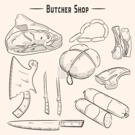 Meat, prosciutto, ribs, sausage collection set of stroke vintage illustration. Hand drawn lines, vector elements for menu design
