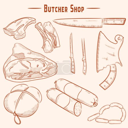 Meat tools, meat and sausages illustration, drawing, etching, ink line art vector