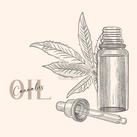 Cannabis cbd oil sketch. Marijuana product drawing. Hand drawn realistic vector illustration in sketch style