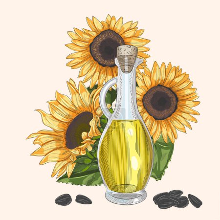 Illustration for Sunflower oil bottle and flower. Vector illustration - Royalty Free Image