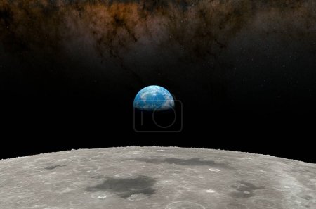 Téléchargez les photos : La Terre se lève au-dessus de l'horizon lunaire - vue isométrique Illustration 3D - en image libre de droit