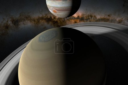 Téléchargez les photos : Saturn and Jupiter in the solar system - 3d illustration, closeup view - en image libre de droit