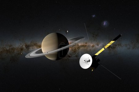 Téléchargez les photos : Cassini-Huygens space probe with Saturn and Enceladus and Titan. In the background: Jupiter - isometric view 3d illustration - en image libre de droit