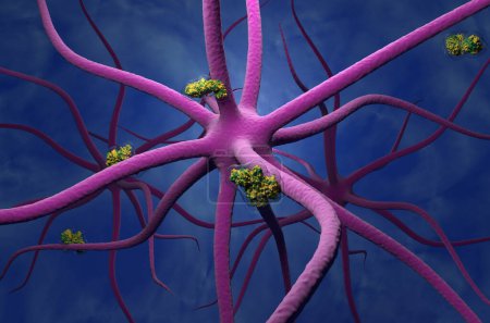 Téléchargez les photos : La toxine botulique s'échappe et pénètre dans le système nerveux central - Illustration 3D vue isométrique - en image libre de droit