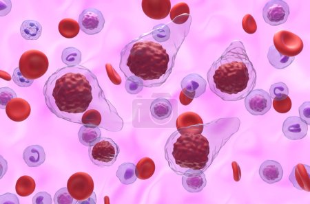Téléchargez les photos : Cellules primaires de myélofibrose (FMP) dans le flux sanguin - vue isométrique Illustration 3D - en image libre de droit