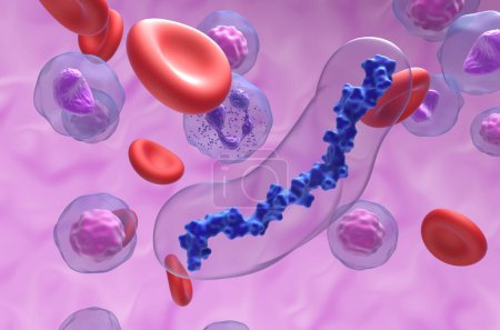 Foto de Heparina (UFH) moléculas anticoagulantes en el flujo sanguíneo - vista de cerca ilustración 3d - Imagen libre de derechos