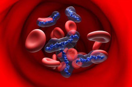 Moléculas anticoagulantes de heparina (HNF) en el flujo sanguíneo - ver ilustración en 3D