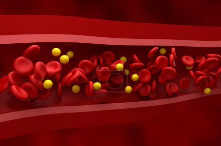 Téléchargez les photos : Niveau normal de LDL (lipoprotéine) - flux de cholestérol et de rbc dans le vaisseau sain Vue rapprochée Illustration 3D - en image libre de droit