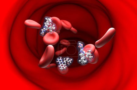 Foto de B2 estructura de vitamina (riboflavina) en la bola de flujo sanguíneo y la sección de palo ver ilustración 3d - Imagen libre de derechos