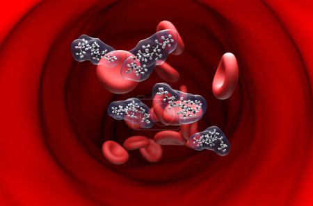 Téléchargez les photos : Structure de vitamine D dans la boule de flux sanguin et la vue de section de bâton Illustration 3D - en image libre de droit