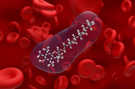 Foto de Estructura de vitamina E en la bola de flujo sanguíneo y vista de primer plano palo ilustración 3d - Imagen libre de derechos