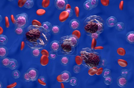 Chronic lymphocytic leukemia (CLL) cells in blood flow - isometric view 3d illustration