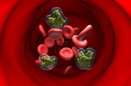 Téléchargez les photos : Molécules de neurotoxines botuliniques (BTA) dans le flux sanguin - illustration en 3D - en image libre de droit