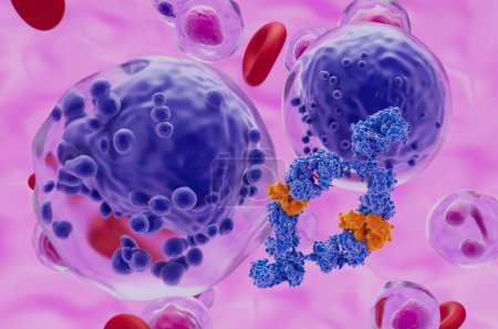 Foto de Tratamiento de anticuerpos monoclonales en la leucemia mieloide aguda (LMA) - vista de cerca ilustración 3d - Imagen libre de derechos