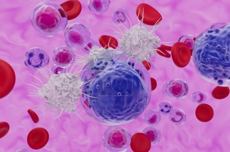 Foto de Célula dendrítica reconoce célula de leucemia mieloide aguda (LMA) - vista de cerca ilustración 3d - Imagen libre de derechos