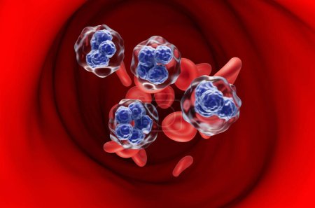 Foto de Linfoma de células T en el flujo sanguíneo - ver ilustración en 3D - Imagen libre de derechos