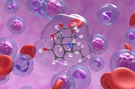Foto de Molécula de clorhidrato de naloxona en el flujo sanguíneo - vista de cerca ilustración 3d - Imagen libre de derechos