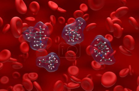 Téléchargez les photos : Molécule de chlorhydrate de naloxone dans le flux sanguin - vue isométrique Illustration 3D - en image libre de droit
