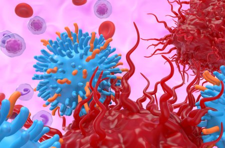 CAR T cell therapy in neuroendocrine tumor (NET) - closeup view 3d illustration