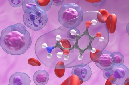 Noradrenalin (NE) (Noradrenalin (NA)) -Molekül im Blutfluss - Nahaufnahme 3D-Illustration