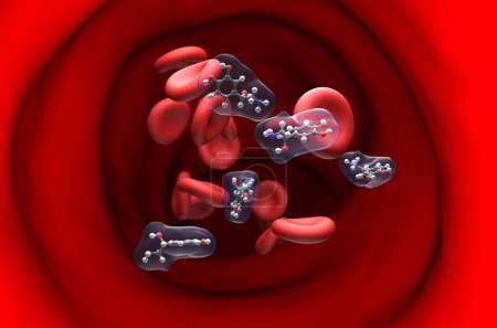 Norepinephrine (NE) (noradrenaline (NA)) molecule in the blood flow - section view 3d illustration