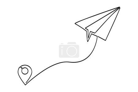 Illustration for Single or continuous line art of vector map pointer Paper plane, isolated on white - Royalty Free Image