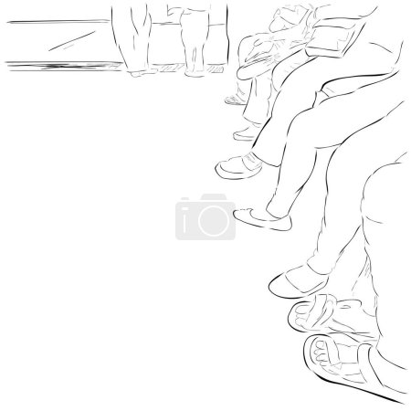 Téléchargez les illustrations : File d'attente personnes pied, assis et debout, dessin simple à la main - en licence libre de droit