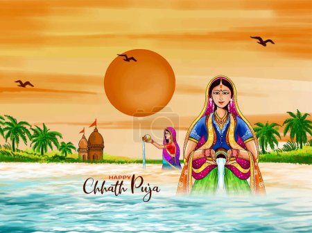 Téléchargez les illustrations : Happy Chhas Puja rivière baignade festival indien célébration fond vecteur - en licence libre de droit