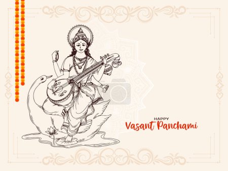 Happy Vasant Panchami religious Indian festival card with goddess Saraswati design vector