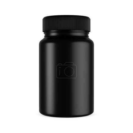 Black supplement bottle vector blank. Plastic pill jar mockup, vitamin or medication packaging illustration. Pills box package, pharmaceutical product container for label design