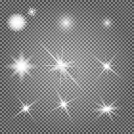 Illustration for Star light. Starburst glow effect, vector sparkle. Flash shine, glowing bright on transparent background. Abstract glitter decoration, shiny sunlight ray, magic disco element. Special spark - Royalty Free Image
